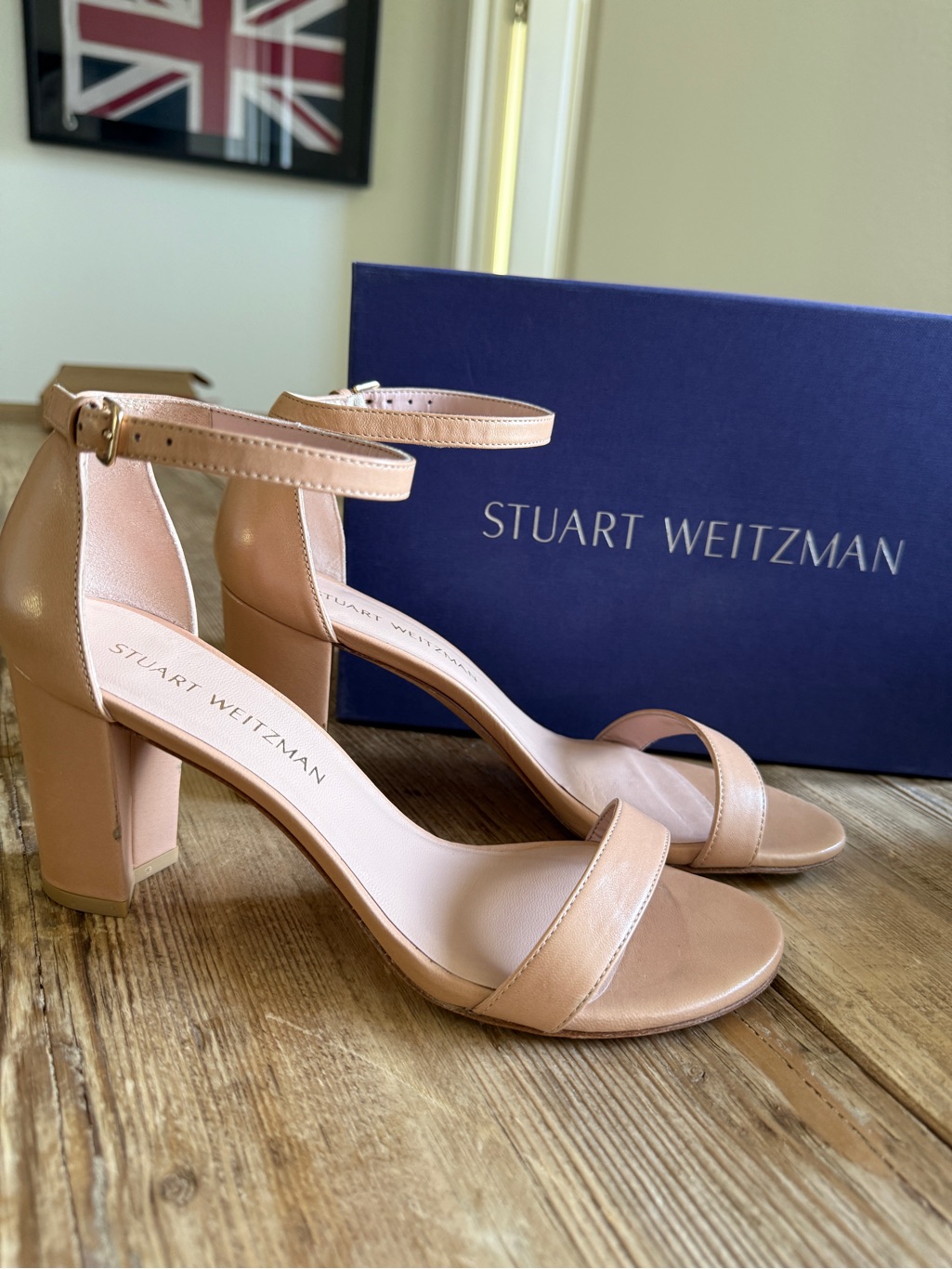 Stuart Weitzman Nude Leather Ankle-Strap Block Heels